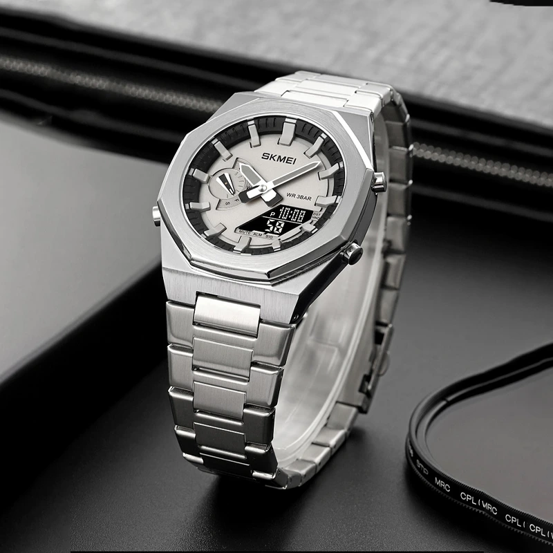 Skmei Men Luxury Steel Male Digital Wristwatch Silver White Stygen